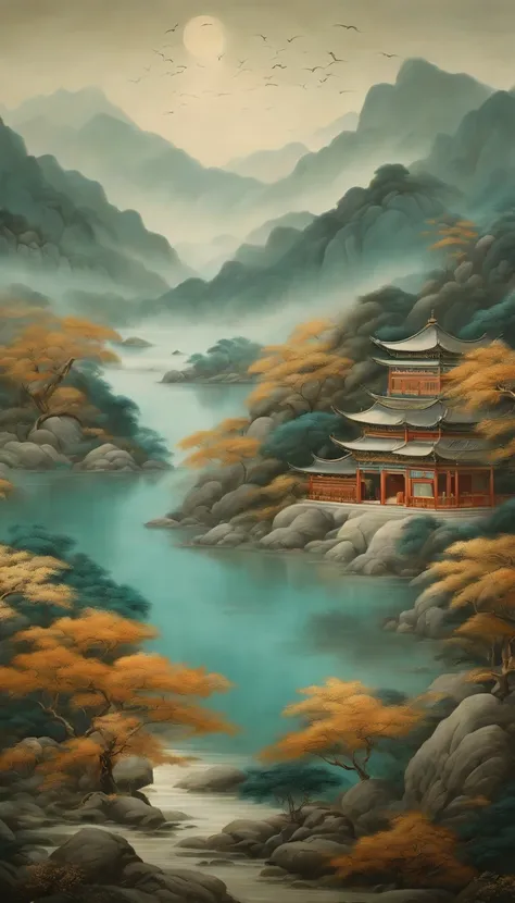 An idyllic Chinese mural, Teal and light grey style, Layered landscape, japanese style art, monumental murals, Ricoh FF-9D, Golden Age aesthetics, Exotic landscape