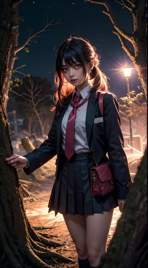 kawaii momo girl, school uniform, pink color-theme, lost in dark wood, at night, surrounded by glowing eyes, creepy