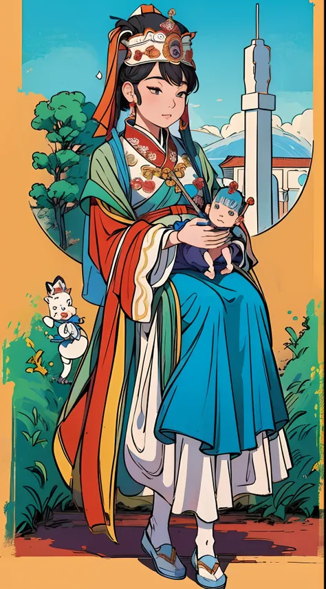 The beautiful 16-year-old Chinese queen holds a (baby prince:1.5) wearing shavings in her arms, Walking, Straight eyes, radiating a brilliant aura, Rosary handle, Crown Team, (Systemic: 2.0), Stand in the cloud, our lady, (full body: 2.0)