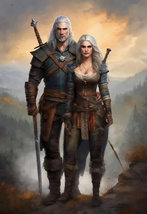 Witch and witch - haired couple standing in front of dark sky, the witcher, the witcher, witcher 3, witcher 3, ciri, Siri holds a cat, the witcher)), Geralt, Geralt de Rivia, 《the witcher》in Siri, portrait of geralt of rivia, Mother of the Demon Hunters, G...