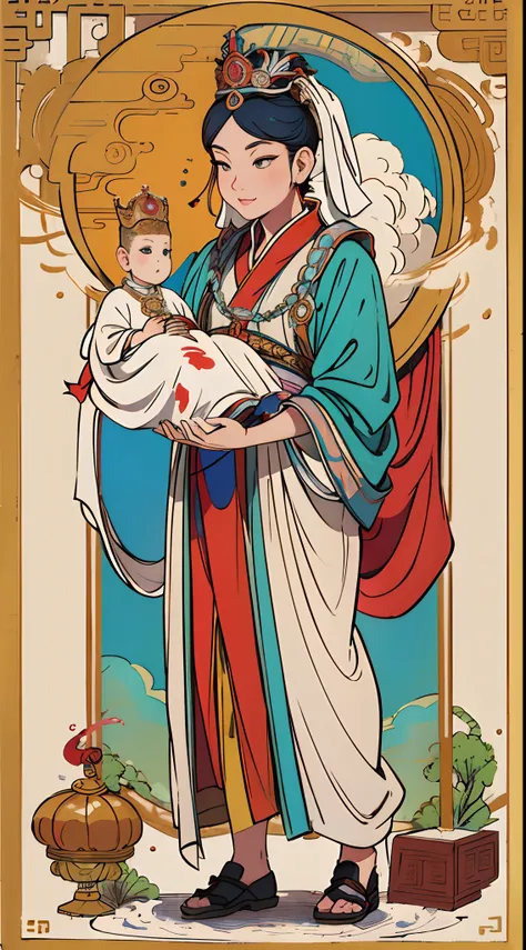 The beautiful 16-year-old Chinese queen holds a (baby prince:1.5) wearing shavings in her arms, Walking, Straight eyes, radiating a brilliant aura, Rosary handle, Crown Team, (Systemic: 2.0), Stand in the cloud, our lady, (full body: 2.0)