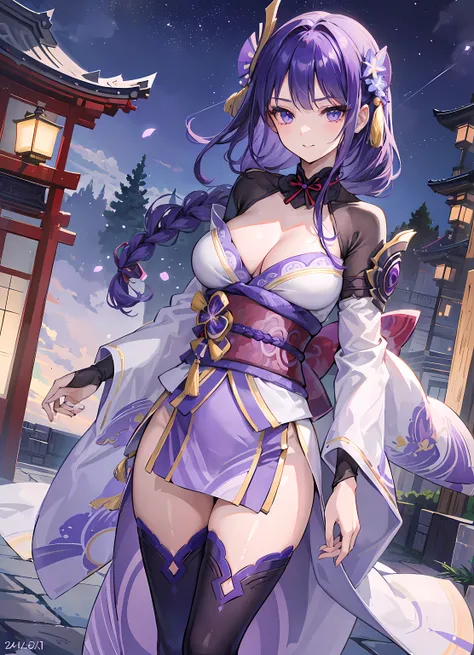 (night:1.2),(outdoors), (very detailed background), balcony, purple lightning, japanese style building, standing, facing viewer, cowboy shot, , raiden shogun,raidenshogundef, purple hair, hair ornaments, long hair, braid ponytail, (((armlet, purple japanes...