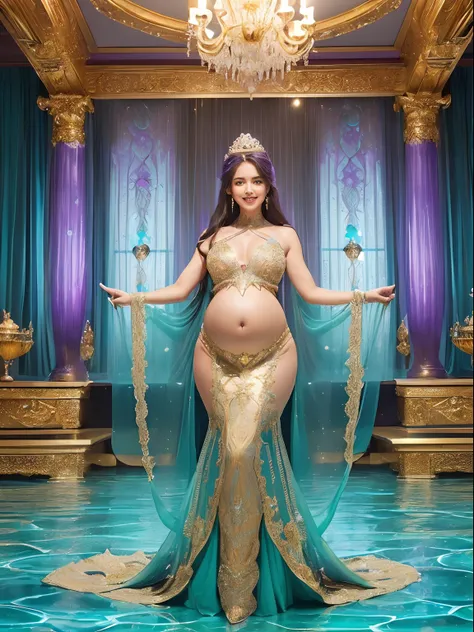 ((Photorealistic pregnant mermaid princess,Mermaid tail,Her whole body,)),(((,Under the sea,under the water,crystal chandeliers,Gorgeous curtains,Decoration on curtains,Beautiful gradient of purple, light blue and emerald green,Underwater Temple,Gorgeous r...