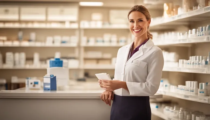 Capture a moment of professional elegance and warmth: a vibrant, smiling woman in the attire of a pharmacist. Her genuine smile radiates confidence and compassion, drawing viewers in. This high-definition, cinematic shot captures her from head to toe, show...