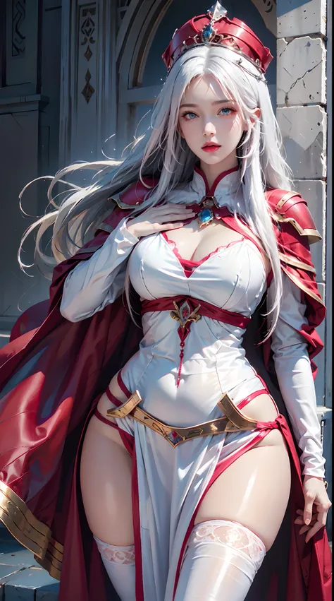 photorealistic, high resolution, 1women, shining skin, solo, hips up, tattoo, jewelry, pink lips, long white hair, blue eyes, closed mouth, castle, full armor, red armor, cloak,