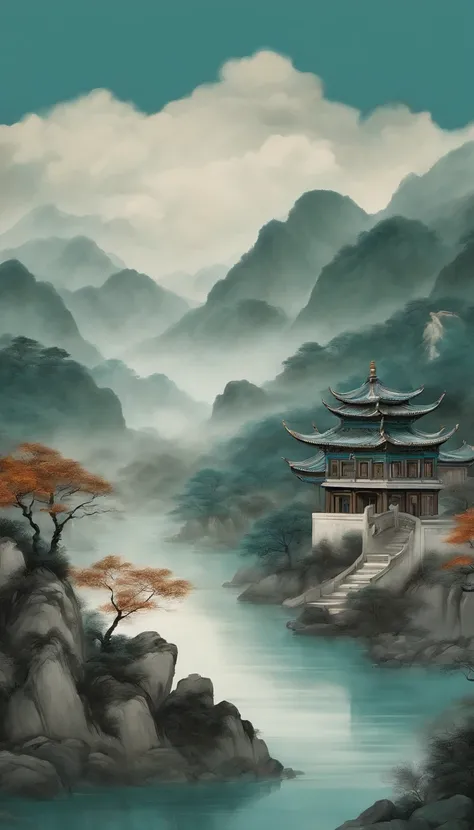 An idyllic Chinese mural, Teal and light gray style, Layered landscape, Chinese ink art, Monumental ink mural, Ricoh FF-9D, Golden Age aesthetics,