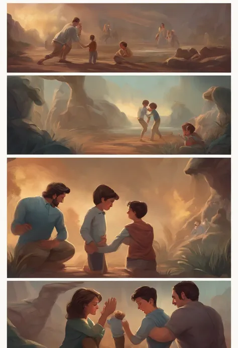 Illustration with parents fighting with their son and another with the same parents comforting their son