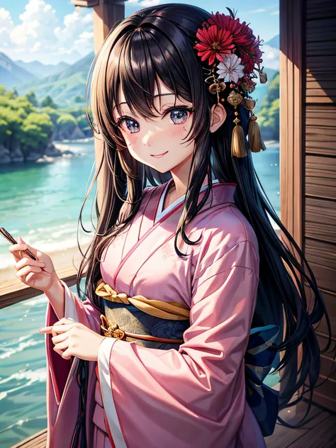 kawaii、Anime style、A dark-haired、jpn、Staring at this、fleeting、​masterpiece、vivid、kimono、a smile