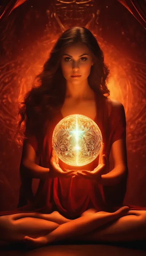 The beautiful woman ,Holding a glowing sphere in both hands，staring directly at camera，Cross-legged meditate, at centre，Clear facial features，Very bright colors, light Particle, with light glowing, Mushiv, Wallpaper Art, UHD Wallpapers