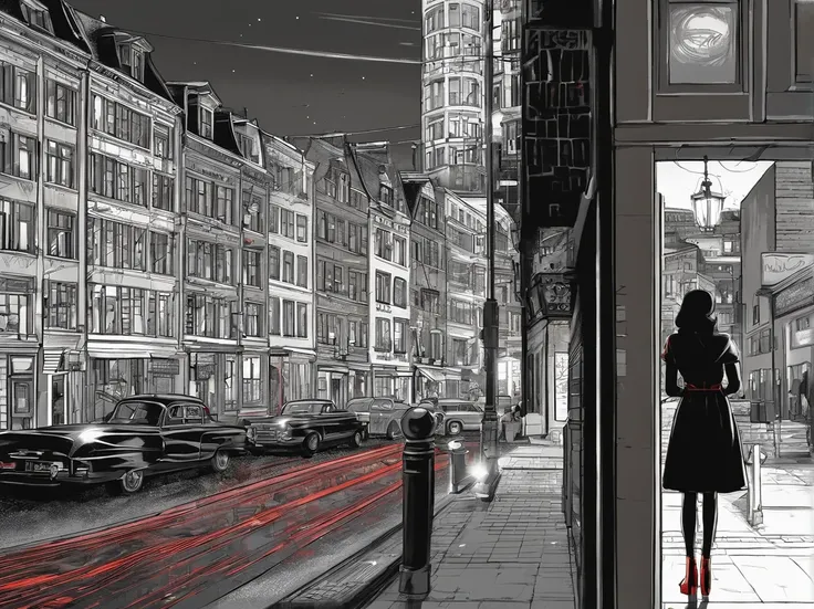 an award winning picture, black&white film noir atmosphere, photorealistic, (best detailed: 1.5), of the red windows of Amsterdam, best detailed picture in (black and white:1.5), a picture of a street on the river, you see the length of the street, the bui...