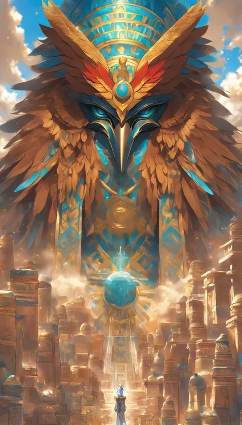 (((God HorusHawkeyes Head)))best quality, ultra-high resolution, CG detalhado 4K, piece of master,Horus,Egyptian god,Egyptian mythology,Egyptian temple,bird head,Penas azuis e brancas,egyptian clothes,( (Blue Hawks Head)),deserto,esthetic, Beautiful image,...