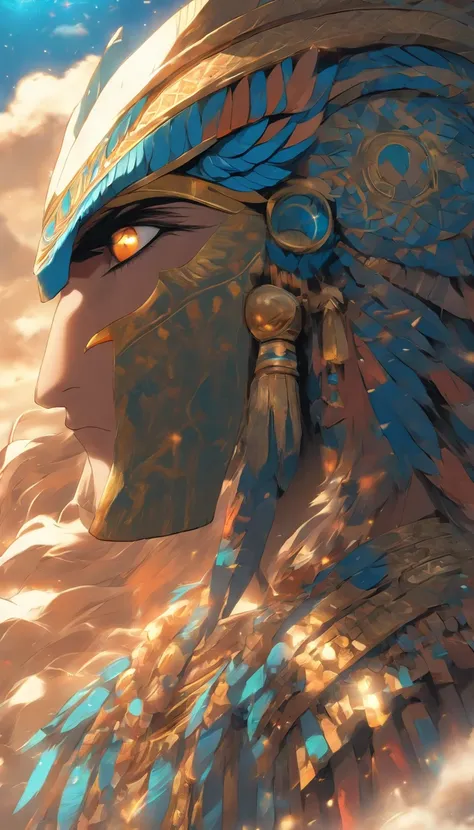 (((God HorusHawkeyes Head)))best quality, ultra-high resolution, CG detalhado 4K, piece of master,Horus,Egyptian god,Egyptian mythology,Egyptian temple,bird head,Penas azuis e brancas,egyptian clothes,( (Blue Hawks Head)),deserto,esthetic, Beautiful image,...