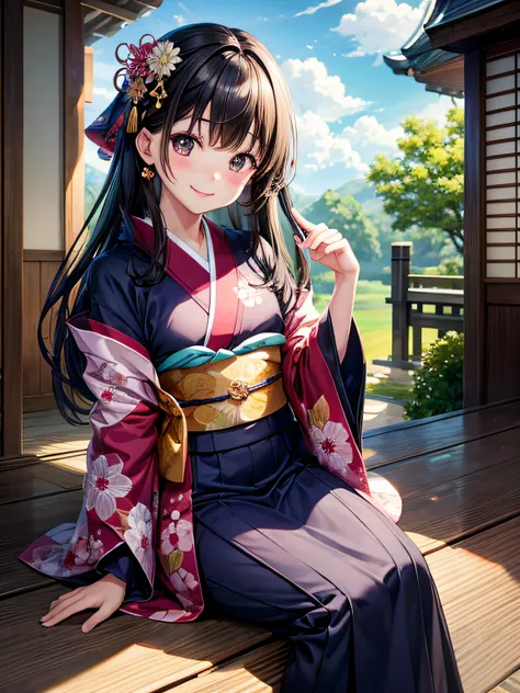 kawaii、A dark-haired、jpn、Staring at this、fleeting、​masterpiece、vivid、kimono、a smile、gentle