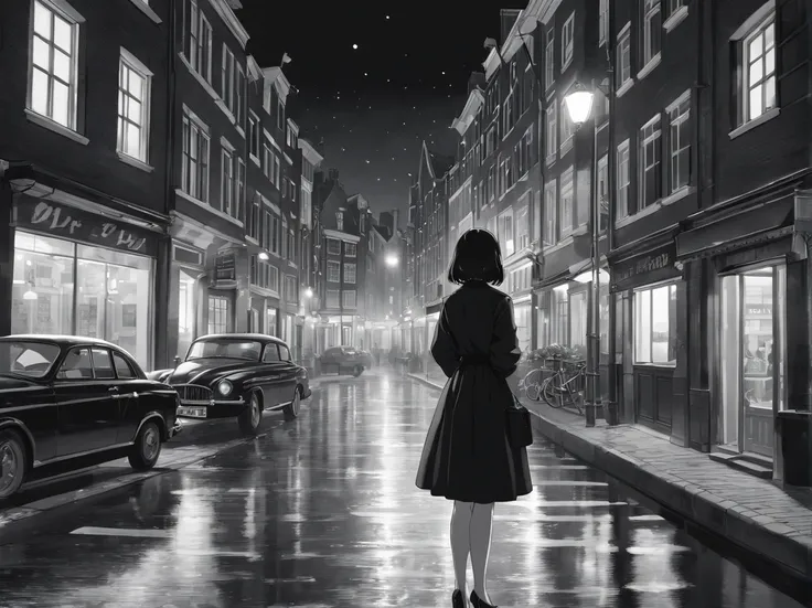 an award winning picture, black&white film noir atmosphere, photorealistic, (best detailed: 1.5), of the red windows of Amsterdam, best detailed picture in (black and white:1.5), a picture of a street on the river, you see the length of the street, the bui...