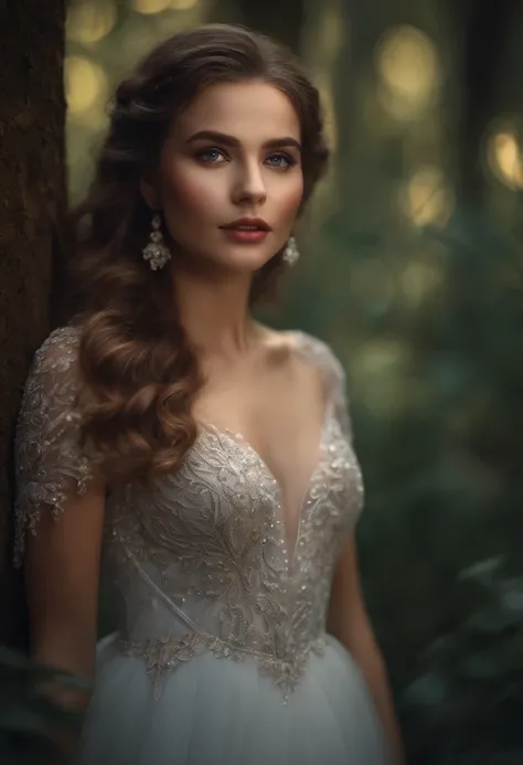 a girl in a dress,best quality,ultra-detailed,beautiful detailed eyes,beautiful detailed lips,extremely detailed eyes and face,longeyelashes,soft and flowing fabric,stunning dress design,vibrant colors,enchanted forest backdrop,ethereal lighting,photoreali...