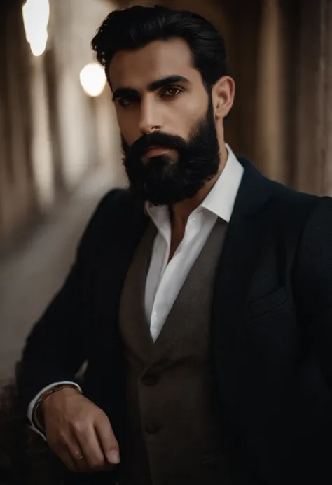 araffe man with a beard and a brooch in front of a wall, with a full black beard, neat beard, with trimmed beard, handsome man, with a small beard, sharp jawline with a light beard, with a beard and a black jacket, sayem reza, with a beard and a black shir...