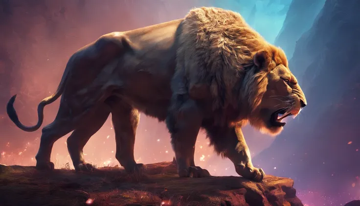 Fantasy World Saber-toothed Bison and Fantasy World Saber-toothed Lion are in fight，Emits blue-violet light，Glow effects，the night，中景 the scene is，Full body like， highly detailed surreal vfx，oc rendered，Shoot with 70 mm - AR