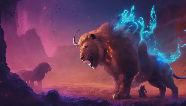 Fantasy World Saber-toothed Bison and Fantasy World Saber-toothed Lion are in fight，Emits blue-violet light，Glow effects，the night，中景 the scene is，Full body like， highly detailed surreal vfx，oc rendered，Shoot with 70 mm - AR