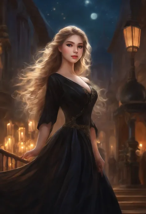 masterpiece, best quality, 1girl, solo, ((mature female)), round pupils, long hair, hair, princess, black dress, fantasy, happy, looking at viewer, cartoon, anime, (oil painting)