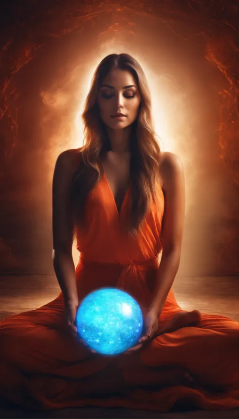 The beautiful woman ,Holding a glowing sphere in both hands，staring directly at camera，Cross-legged meditate, at centre，Clear facial features，Very bright colors, light Particle, with light glowing, Mushiv, Wallpaper Art, UHD Wallpapers