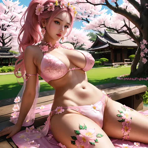 (beautifull lady with very gigantic breast, medium ponytail hair, wear kebaya spread legs lying near pink sakura tree) ,(detailed pink bra), (detailed kebaya), (flower earring), (flower crown), (show cleaveage), (show underboobs) , (show sideboobs), (show ...