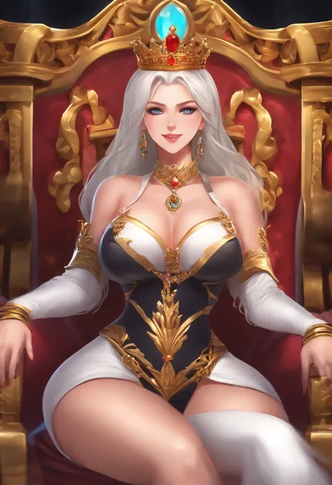 queen, sitting on throne, beautiful, navel, abs, royalty, anime, high definition, gigantic breasts, huge breasts, happy, smiling, gorgeous, anime style, thick thighs, hot, sexy, anime