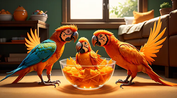 three bowl with doritos snacks, Pixar Style Movie, so cute, transparent bowl, orange parrot inside bowl, two orange parrots outside, pretty eyes, so cute, bright eyes, adorables orange parrots, full orange color parrots