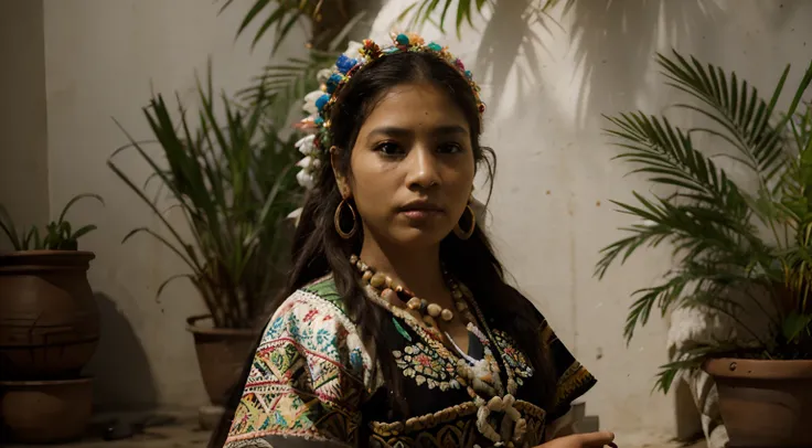 A girl in a traditional Oaxacan huipil dress, bordado de colores brillantes, Patrones vibrantes, intricate designs, Delicado trabajo manual, Fin del hilo, colores vibrantes, traditional craftsmanship, culturalmente rico, indigenous art, arte textil tradici...