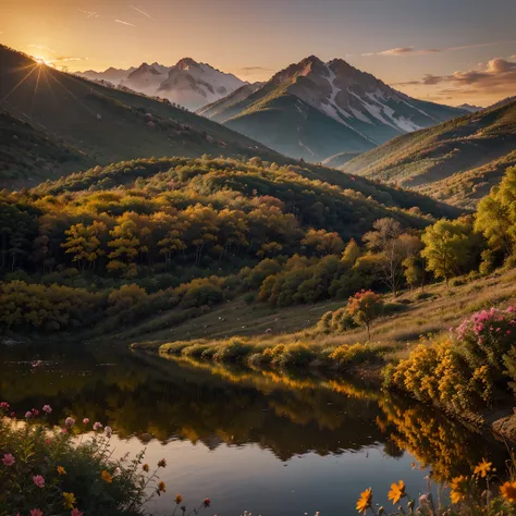 Create a beautiful backdrop of wooded mountains and colorful flowers, um riacho refletindo os raios do lindo por do sol, Orange sky and birds in the sky image in 4k