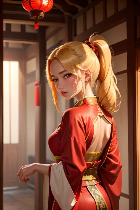 1 girl, blonde woman, ancient China, Red Long Robe,, Two ponytails and loose hair