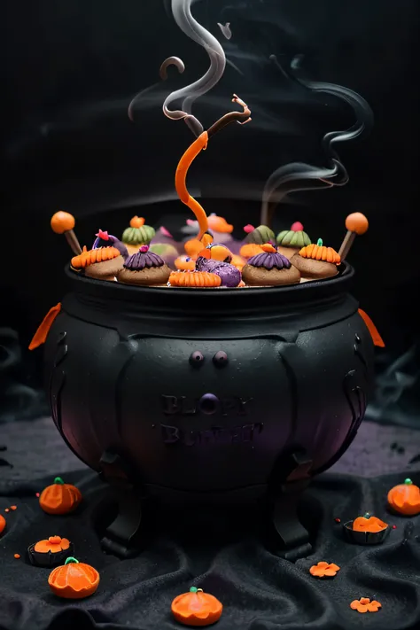 Create an image with a black witchs cauldron with smoke coming out of it, Placed on a table with decorations in purple and orange. Place Halloween cupcakes inside the cauldron, with green and orange icing and garnishes like sugar spiders and gummy worms. A...