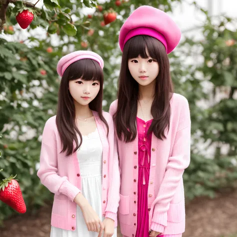 Girl with brown hair and long hair with bangs with some sort of korean ethnicity who is around 17-19 years of age and she is wearing a white dress with a pink cardigan with strawberries on the cardigan and a white beret