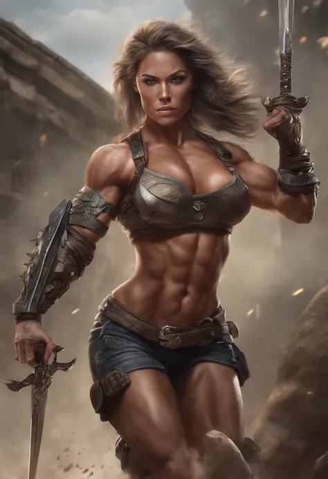 Massive muscular girl femalebodybuilder with big shoulders and boobs greats,with armor,she is jumping holding a sword