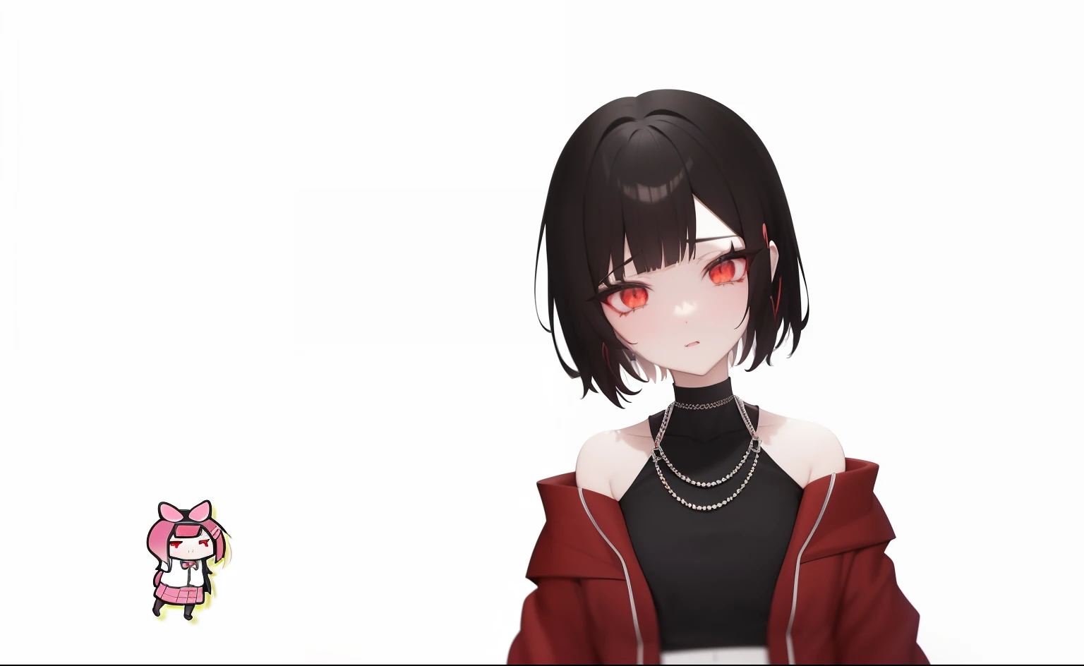 Anime girl with black hair and red eyes on a black top, Anime style. 8K, anime style 4 k, anime styled 3d, anime stylized, made with anime painter studio, anime moe art style, Stylized anime, anime style character, anime style portrait, anime art style, an...