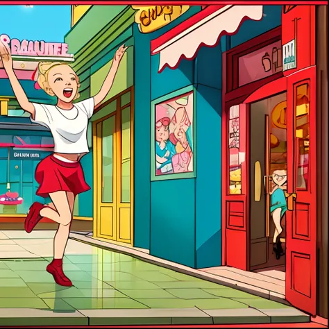 cartoon style, young blonde girl dancing happily while aliens rob a bakery --auto --s2