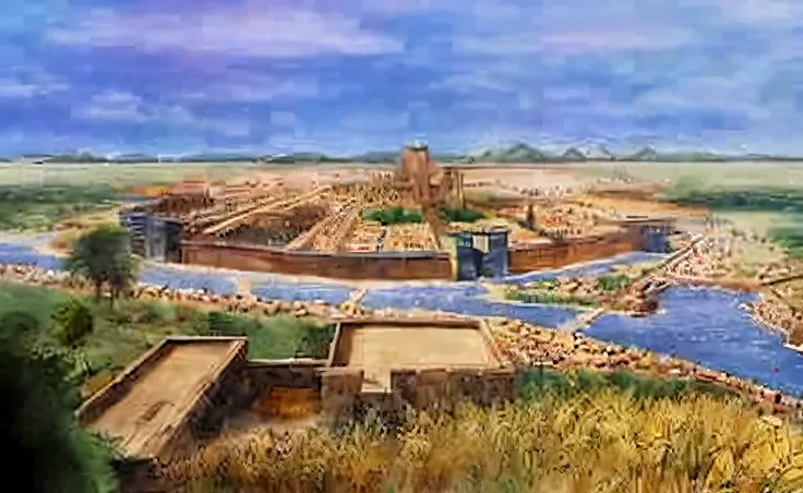 painting of a city with a river and a bridge in the middle, cities of mesopotamia, in a major mesopotamian city, ancient mesopotamia, sumerian, mesopotamic, ancient persian city, ancient city, tenochtitlan, roman city, ancient civilisation, ziggurat, an az...