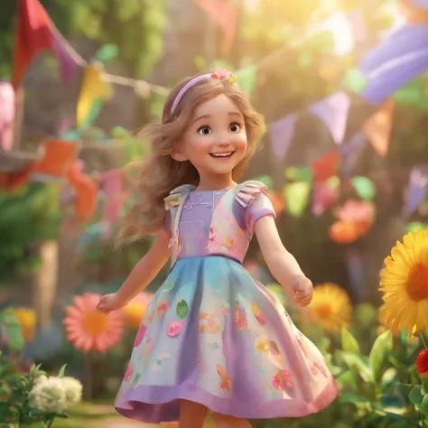 Capture the innocence and joy of childhood with an adorable 3D rendered character: visualize a sweet 7-year-old girl, her face beaming with delight as she plays with her dolls. This high-definition, cinematic shot encapsulates the purity of childhood and t...