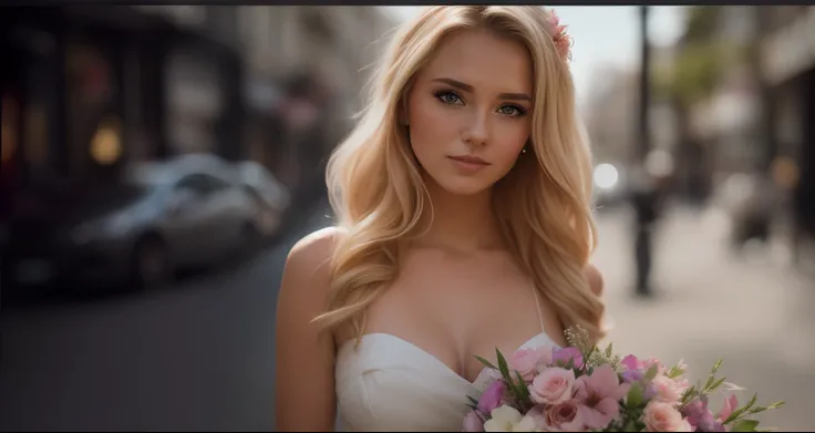 Blonde woman with a bouquet of flowers on a city street, bokeh top cinematic lighting, Retrato VFX altamente detalhado, foto retrato suave 8 k, beautiful portrait lighting, mulher atraente, 8K Artgerm Bokeh, menina atraente, sensual 8K lighting, modelo bon...