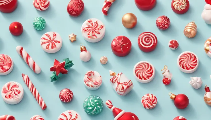 3D vector set of Christmas icons in the style of Ateigailan, Combine realistic and fantastical elements, Realistic and highly detailed rendering of Candy Core, low poly, Soft muted color palette, Watercolor separation type on white background