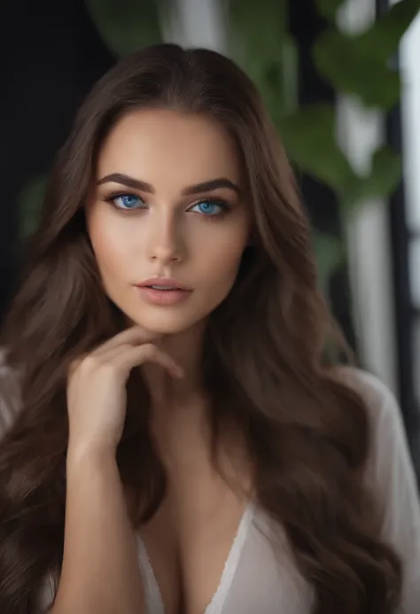 arafed woman fully , sexy girl with blue eyes, ultra realistic, meticulously detailed, portrait sophie mudd, brunette hair and sexy eyes, selfie of a young woman, bedroom eyes, violet myers, with makeup, natural makeup, looking directly at the camera, face...