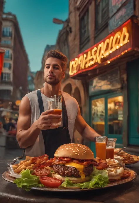 a man with excessive hamburgers, graffiti wall in the background, vibrant colors, surreal concept art, urban decay, detailed textures, fine brushwork, dynamic lighting, heavy shadow, mouthwatering food, crispy bacon, melted cheese, juicy beef patties, over...