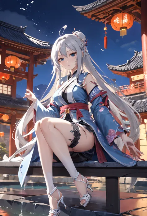 raiden mei (Valkyrie blade strikes), {Game CG}, Office Lady, Very long hair, {{Skinny}}, {{Mature female}}, Slim legs, Best quality, Masterpiece, Detailed, Outdoors, Suzhou Garden, Chinese clothes, {{Black pantyhose}}, White footwear, High heels, Sitting, ...