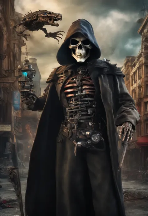 Hyperrealistic photo of grim reaper with long demon teeth and surrealistic city in style of jean-philip benjamin-constant with colorful steampunk odd machines in the sky