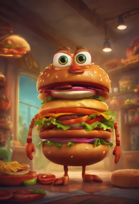 A hamburger with arms and legs, sorrindo, cartoon