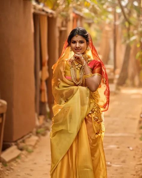 8k ultra, arafed woman in a yellow sari walking down a dirt road, traditional beauty, dressed in a sari, indian, wearing traditional garb, traditional clothing, wearing a sari, traditional clothes, wearing an elegant tribal outfit, gorgeous lady, indian gi...