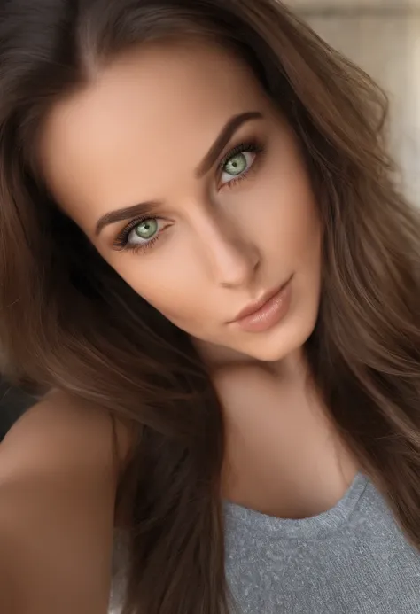 sexy girl with green eyes, ultra realistic, meticulously detailed, brown hair and large eyes, selfie of a young woman, without makeup, natural makeup, looking directly at the camera, subtle makeup, stunning full body, double D size cups, gorgeous brunette ...