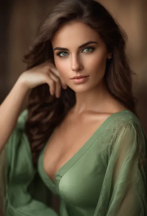 sexy girl with green eyes, ultra realistic, meticulously detailed, brown hair and large eyes, selfie of a young woman, without makeup, natural makeup, looking directly at the camera, subtle makeup, stunning full body, double D size cups, gorgeous brunette ...