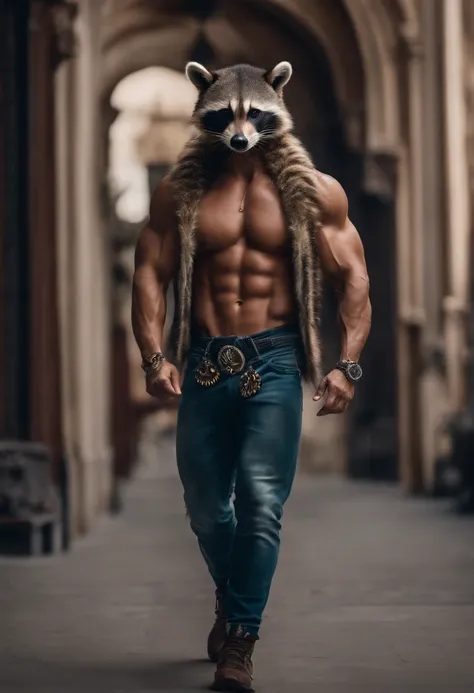 Muscular human with raccoon head