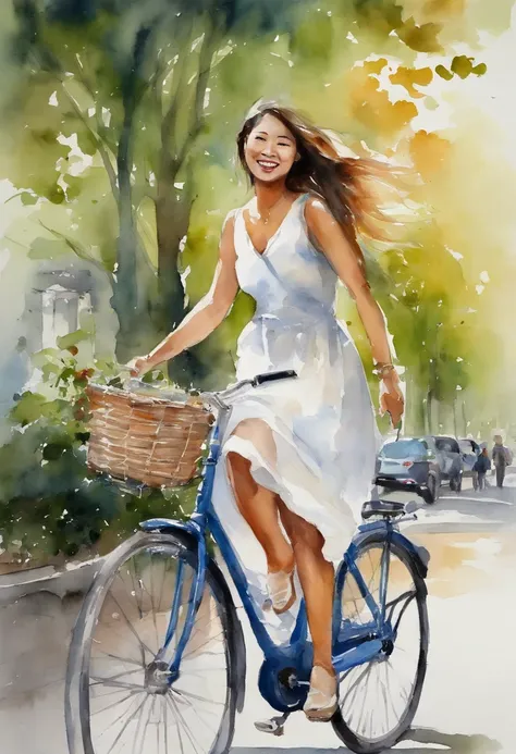 in the early morning，A beautiful Chinese female college student with long flowing hair，Riding a bicycle，Walk through the boulevards of the campus，She wears a white dress，laughing very happily。