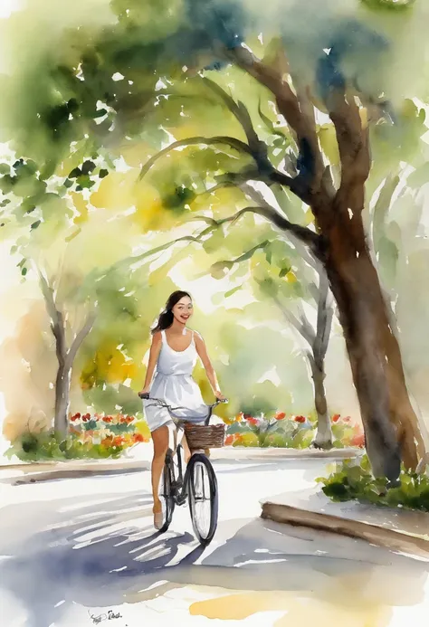 in the early morning，A beautiful Chinese female college student with long flowing hair，Riding a bicycle，Walk through the boulevards of the campus，She wears a white dress，laughing very happily。